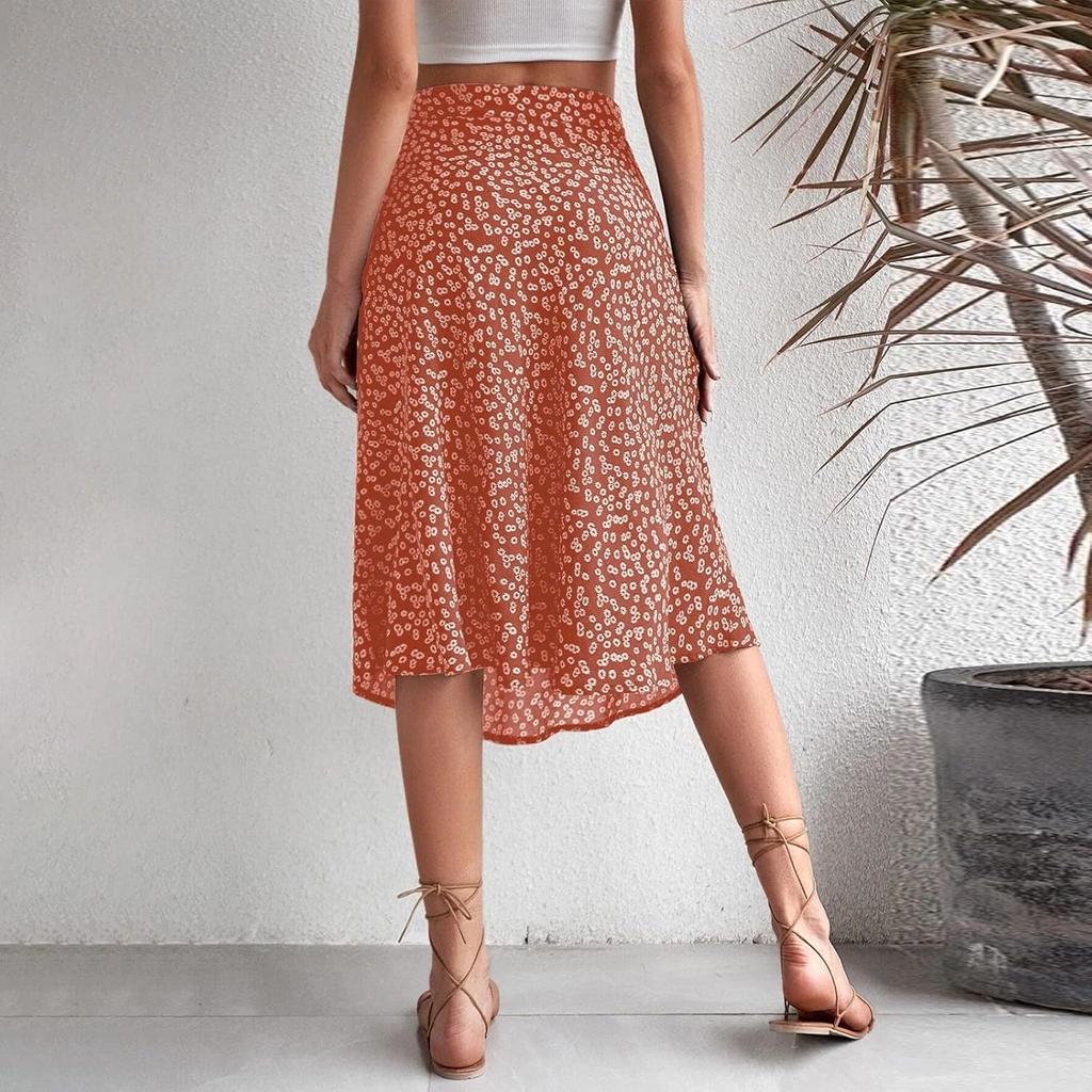 Ditsy Floral Boho Skirt for Women with Slit Summer High Waisted Flowy Midi Skirt Casual A-Line Split Beach Skirt