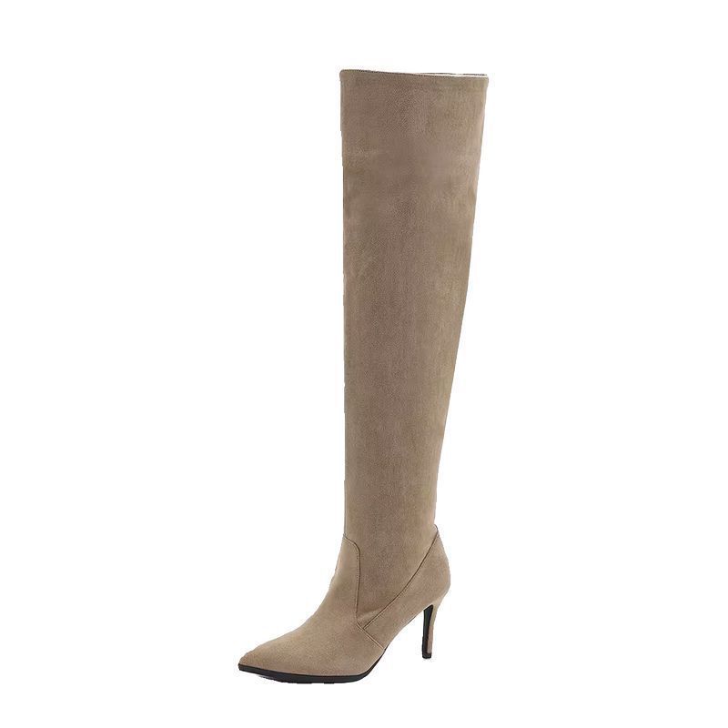 Cowboy Pile Boots Pointed Stiletto Boots Women's 2025 New Suede Super Long Tall Knee Khaki Boots