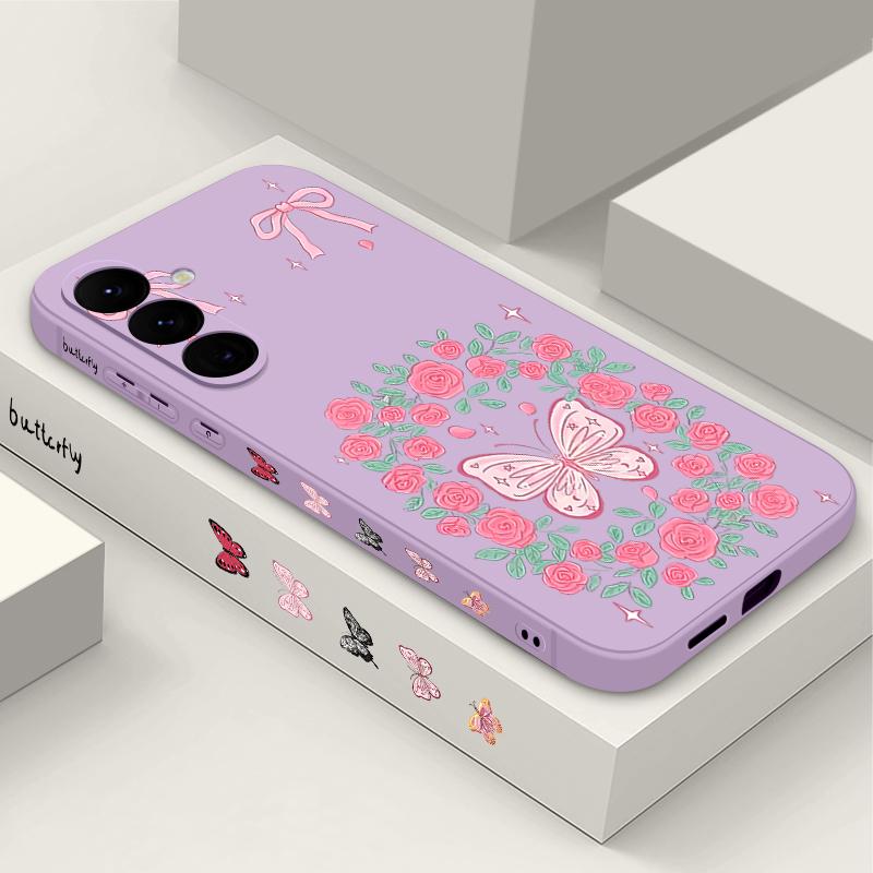 Vintage Flower Butterfly Case For Samsung Galaxy A56 A17 A26 A16 A36 A55 A54 A53 A15 S24 S25 FE S25 S22 S23 Ultra Plus Lanyard Soft Cover