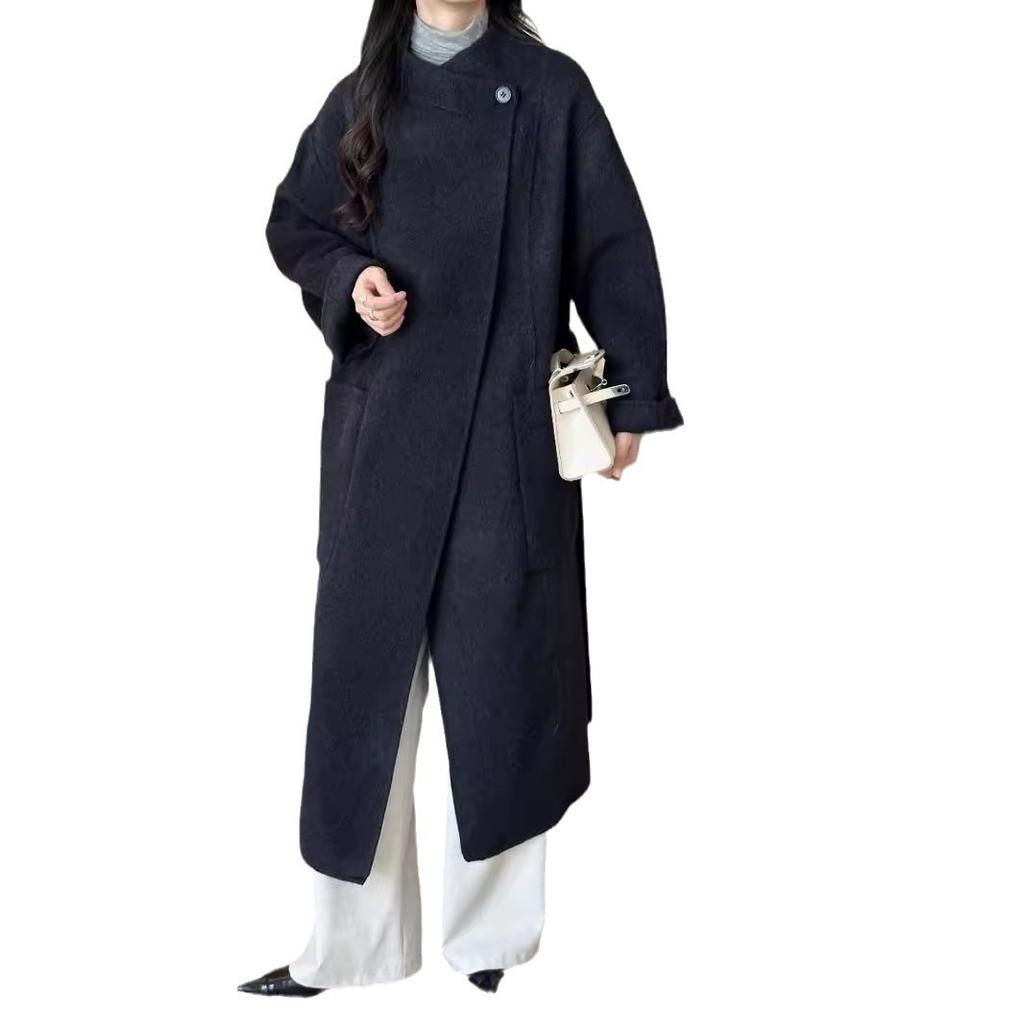 Lace-up Waist Micro Stand-up Collar Double-sided Cashmere Coat Women's New Light Luxury Loose Casual Minimalist Woolen Coat