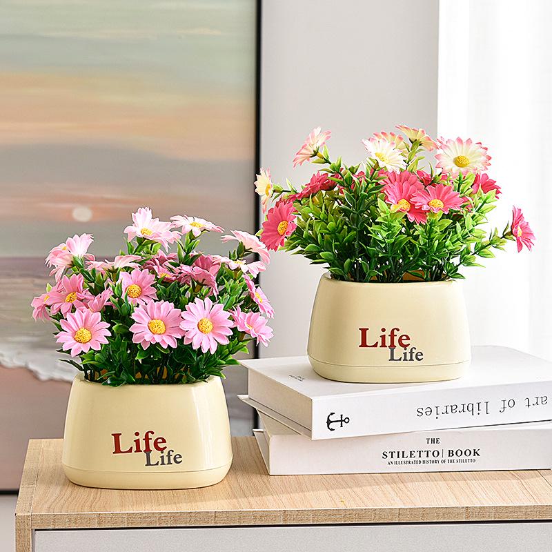 Living Room Decor: Artificial Sunflower and Green Plant Arrangements, Small Potted Plants, and Plastic Bouquets