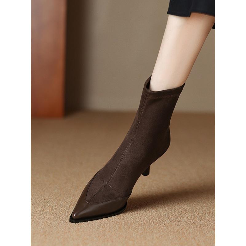 High-heeled short boots, thin-heeled new design, pointed thin boots, fleece elastic boots, spring and autumn single boots