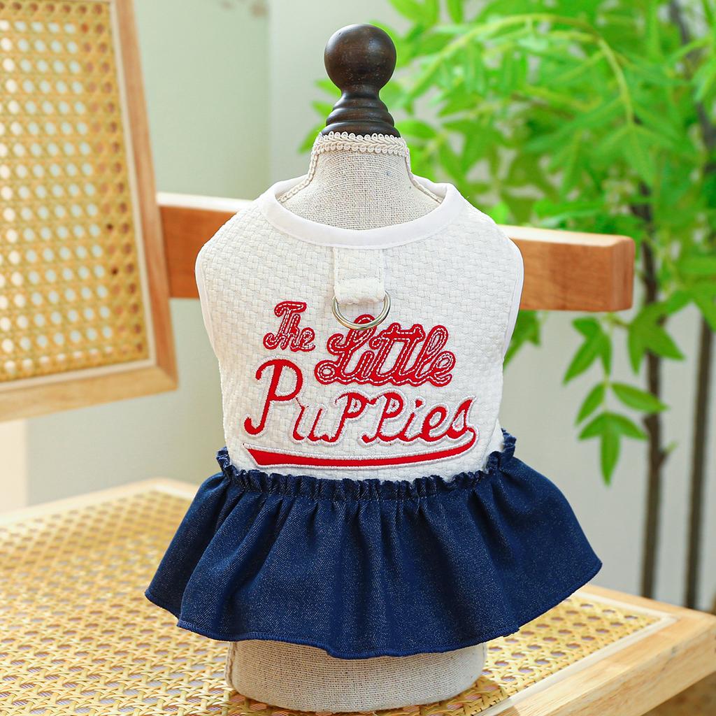 Pet circle dog cat clothes pocket skirt collection denim flower medium and small dog small red flower strap dress