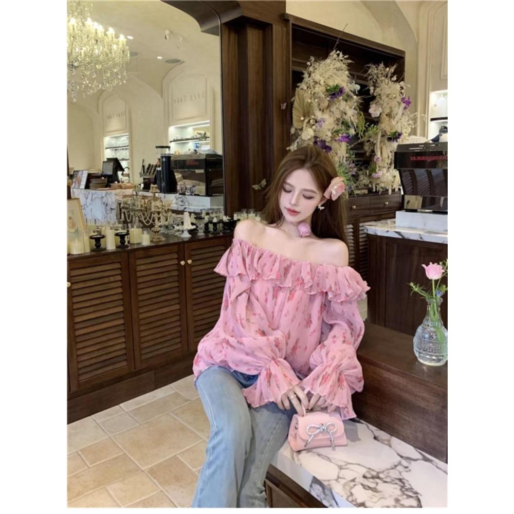 Blumiges Chiffonhemd Damen Ein Schulter Neckholder Top Glockenärmelhemd