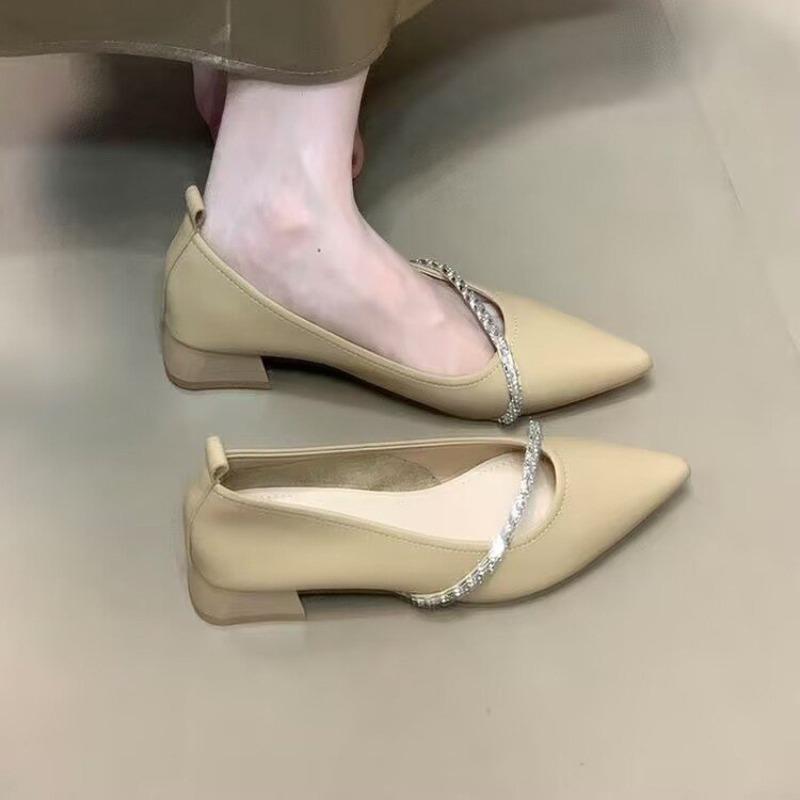 

Slip-on soft-soled square heel shoes Women s new pointed toe shallow mouth rhinestone slim strap single shoes 35 хакі