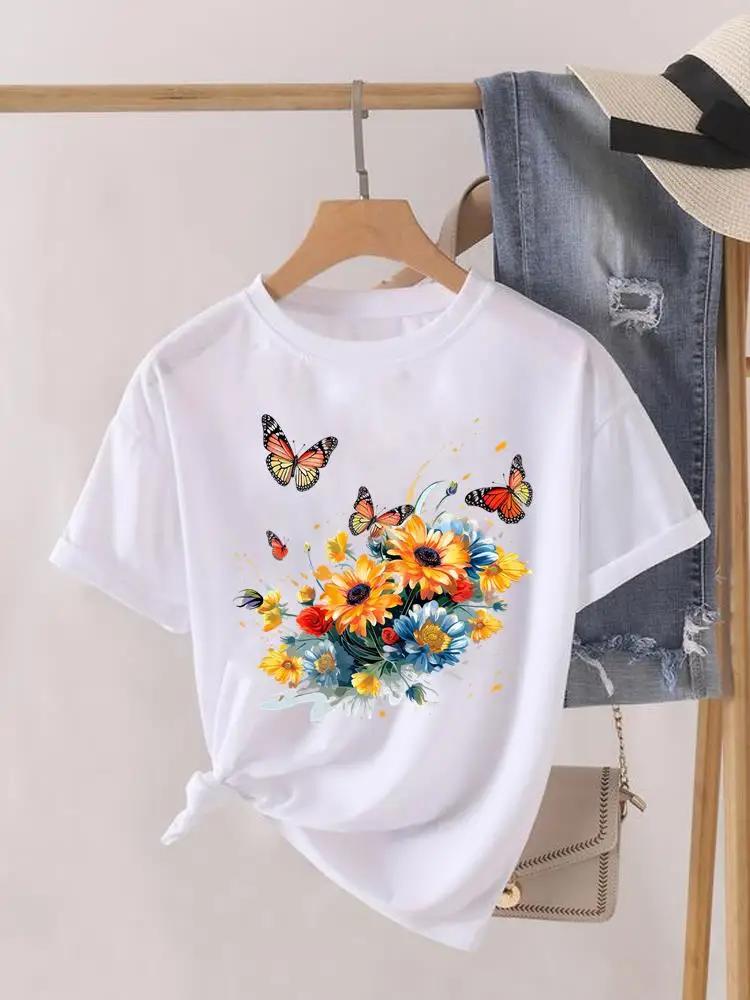 Short Sleeve Women Print Summer TShirt Fashion Clothing Graphic T-shirts Watercolor Flower Cute Clothes Lady Casual Tee
