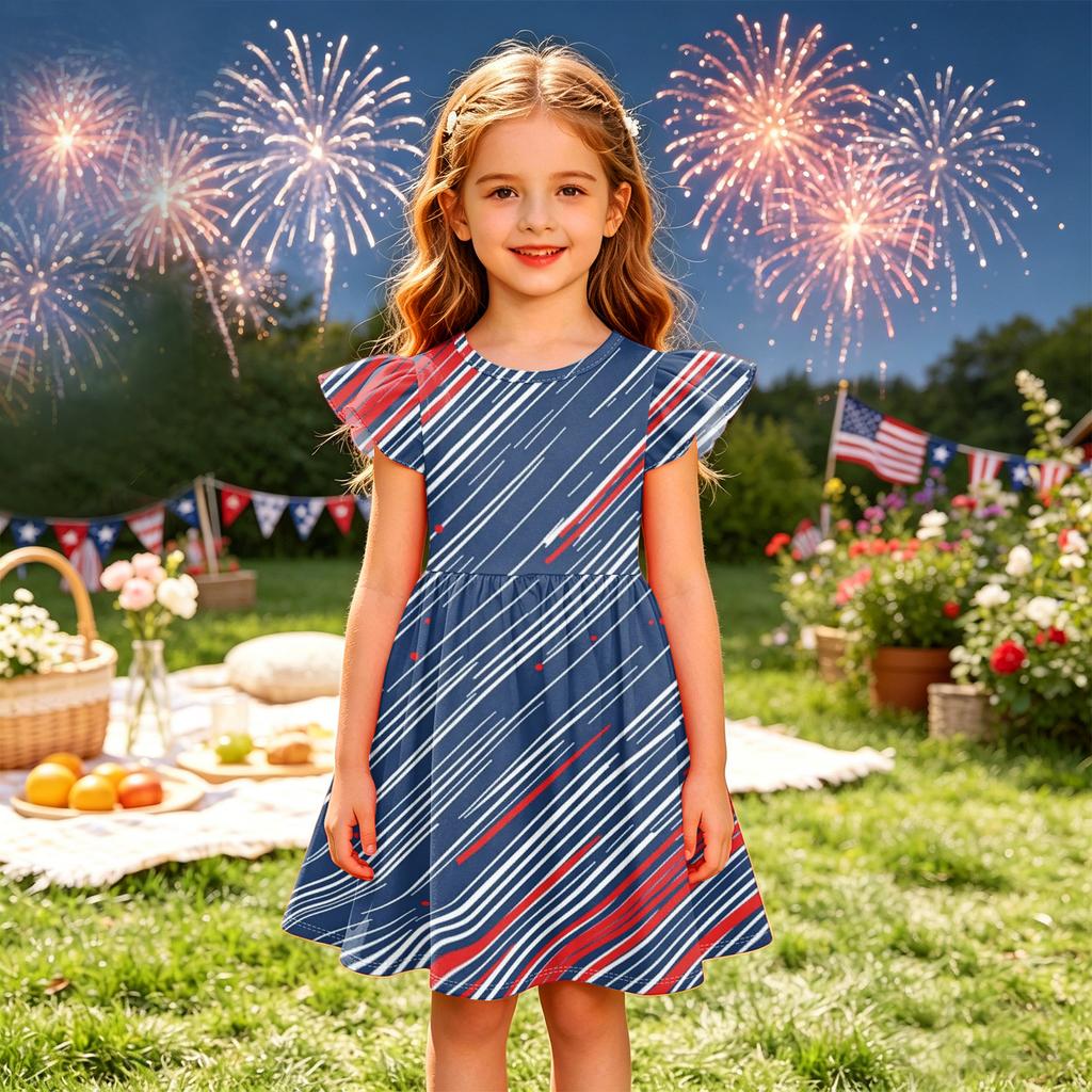 Girls Flutter Sleeve Dress Independence Day Themed Cupcake Print Spliced Skater Dress Toddler Kids Casual Party Dress