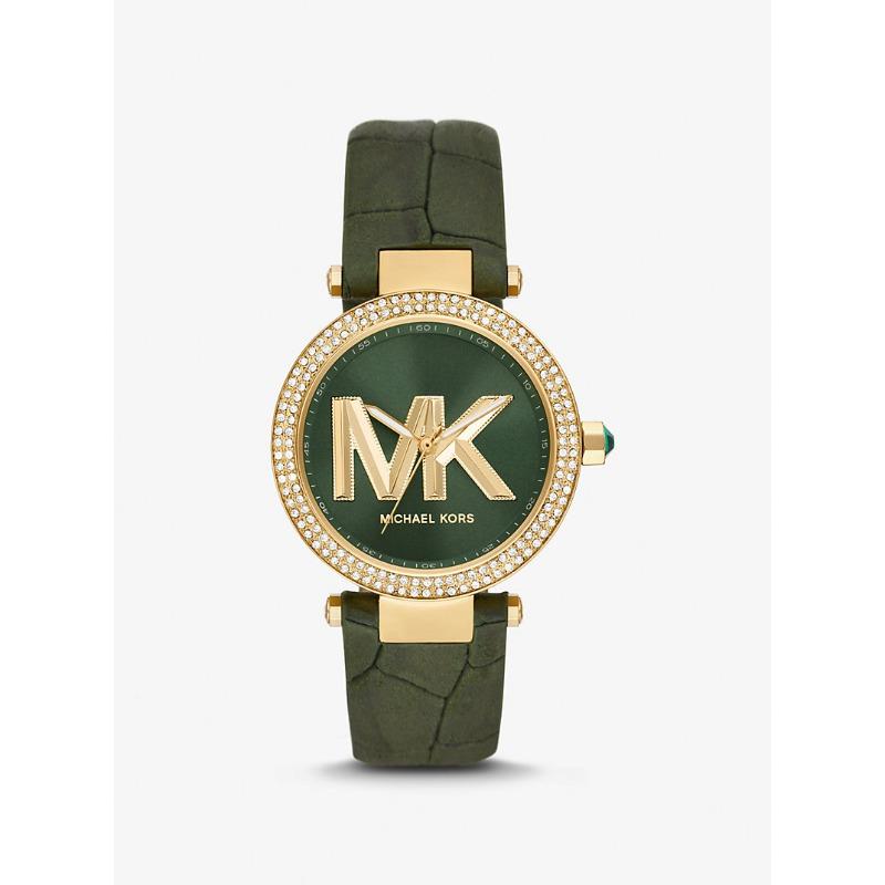 Часы Michael Kors Parker Pavé с золотистым покрытием и тиснением под крокодила MK4724 амазонка/зелёный