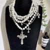 Fashionable Diamonds Sturdy Alloy Crosses Choker Necklace Pendant with Elegant Pearls Jewelry Accessory for Girls