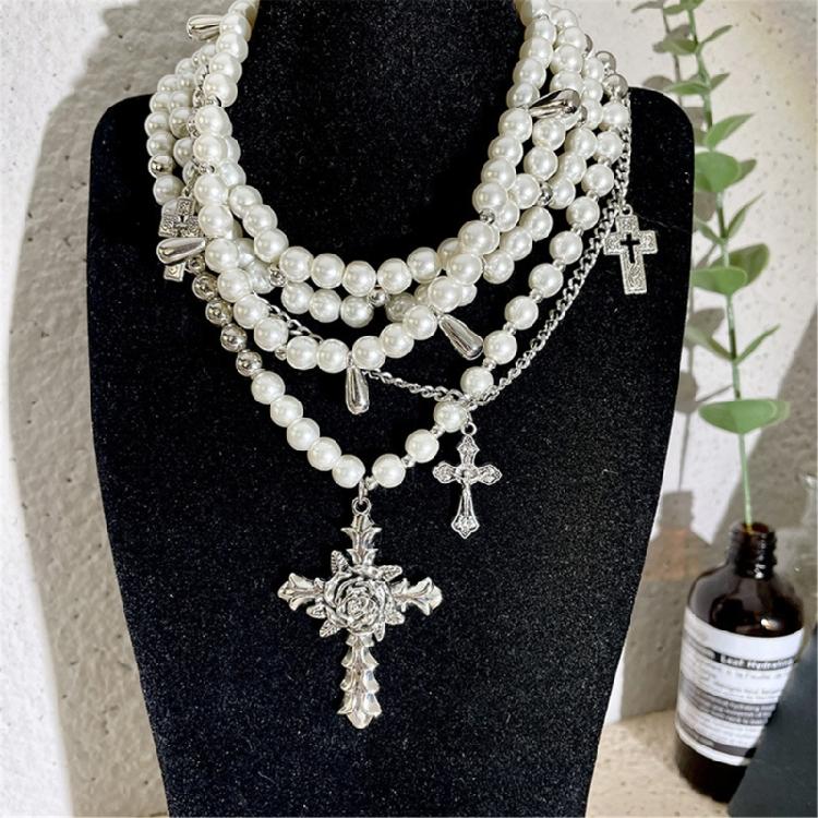 Fashionable Diamonds Sturdy Alloy Crosses Choker Necklace Pendant with Elegant Pearls Jewelry Accessory for Girls