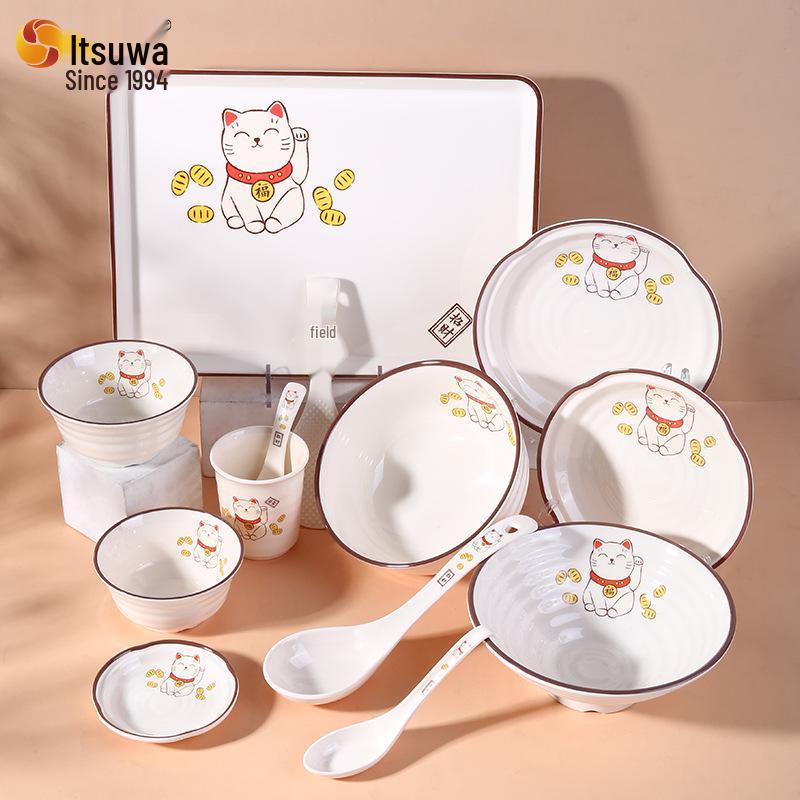 Five Harmony A5 Melamine Food-Grade Tableware: Lucky Cat Drop-Resistant, Easy-Clean Bowls, Plates, and Dishes for Home Use