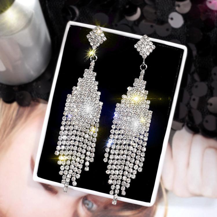 Korean Versatile Rhinestone Tassel Earrings S925 Silver Needle Long Studs for Women