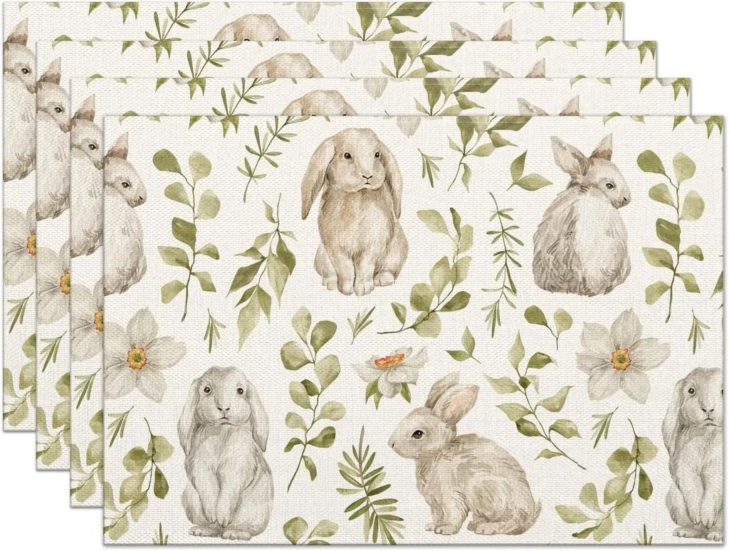 Happy Easter Placemats Set of 4 Bunny Tulip Pink Floral Heat Resistant Washable Farmhouse Place Mats for Dining Table Kitchen