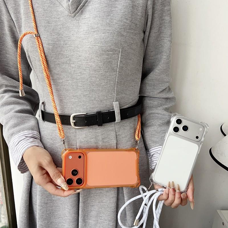 Four Corners Strap Cases For iPhone 17 Pro Max 11 12 13 14 15 16 Pro Crossbody Cord Lanyard Shockproof Clear Hard Plastic Cover