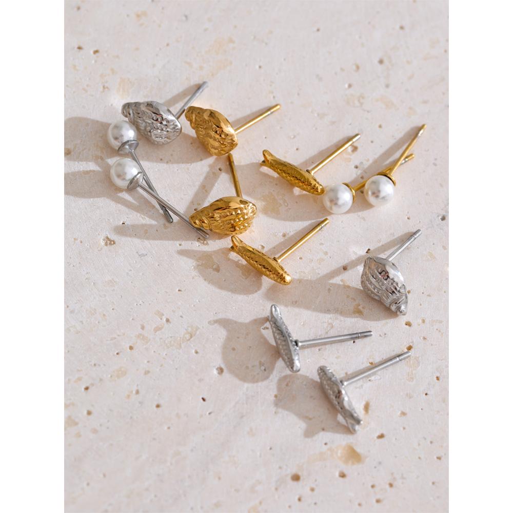 Eetit Cute Mini Conch Fish Pearls Stud Earrings Set 16K Golden Platinum Plated Daily Wear Fashion Waterproof Jewelry Recommend