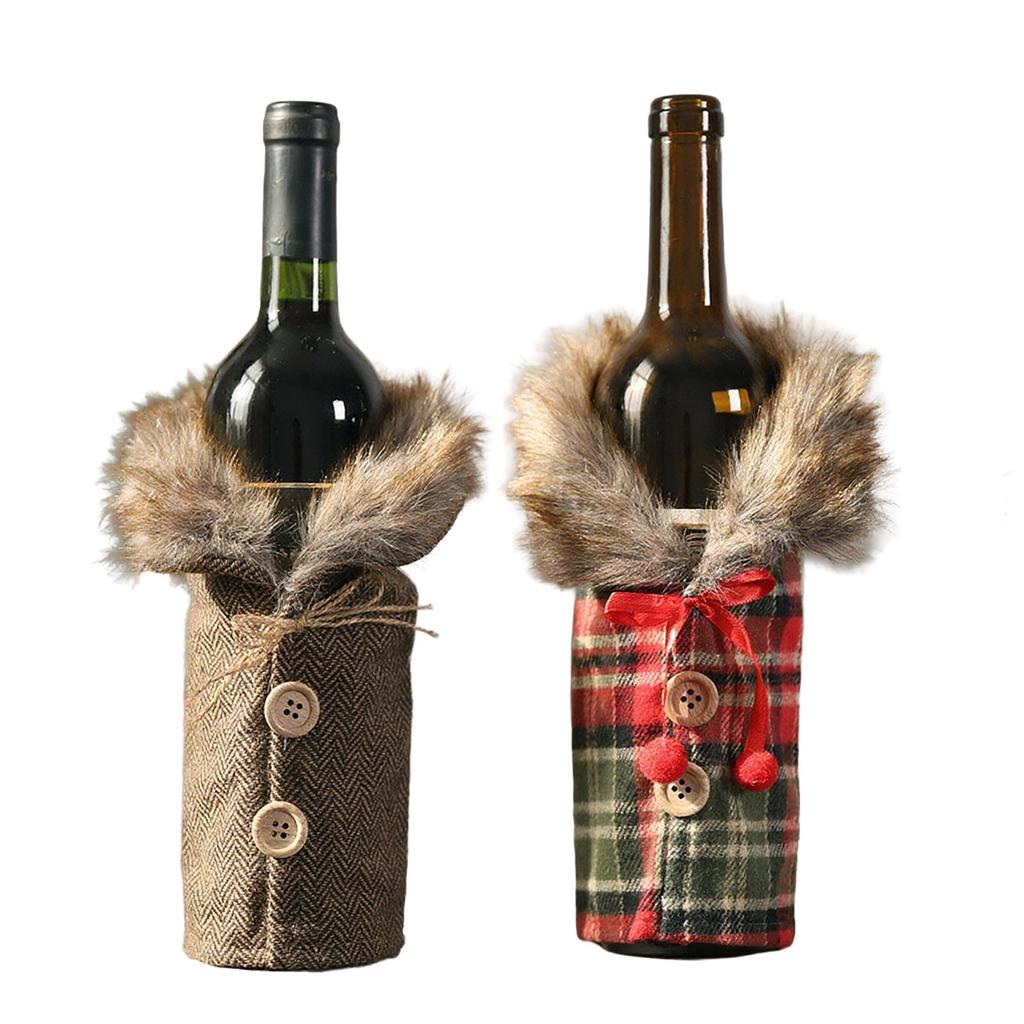 Mingguan Christmas Plaid Fur Collar Wine Bottle Cover & Bag