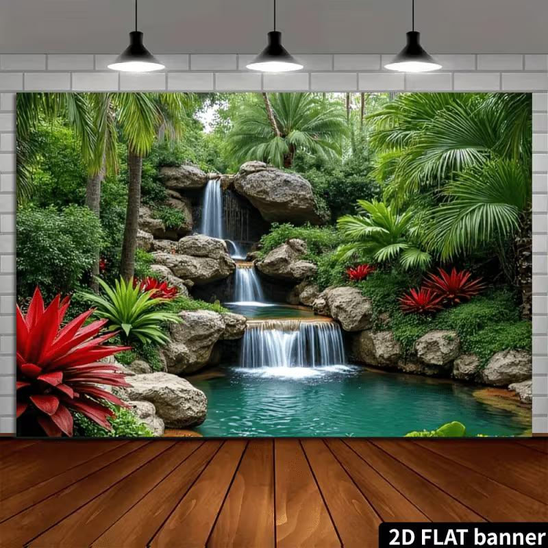 2D Dschungel Wasserfall Landschafts-Wandteppich, Tropischer Palmenbaum Hintergrund