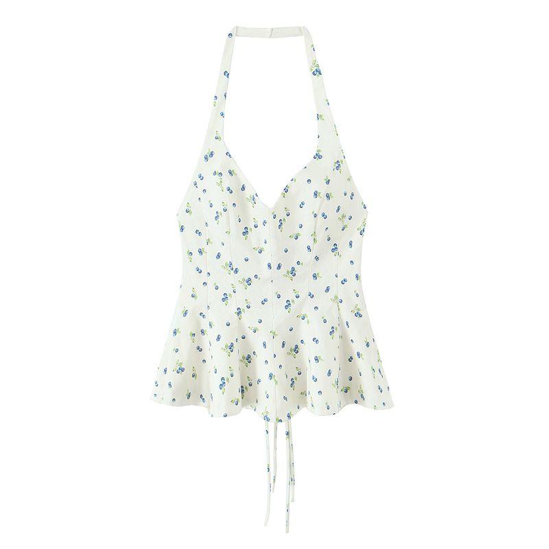 Kaslead New Women clothes Western Style Flower Print Poplin Neck Collar Top 3152086 080