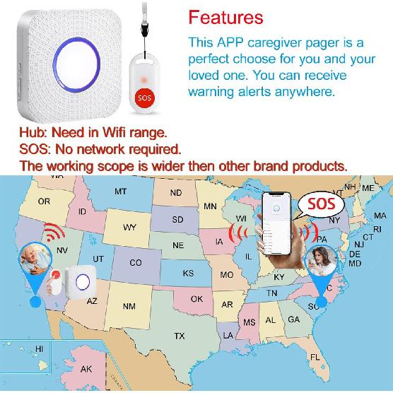 WiFi Caregiver Pager Wireless Call Button Nurse Alert System for Home/Elderly/Patient/Disabled with Phone App One Call Button One WiFi Receiver(only