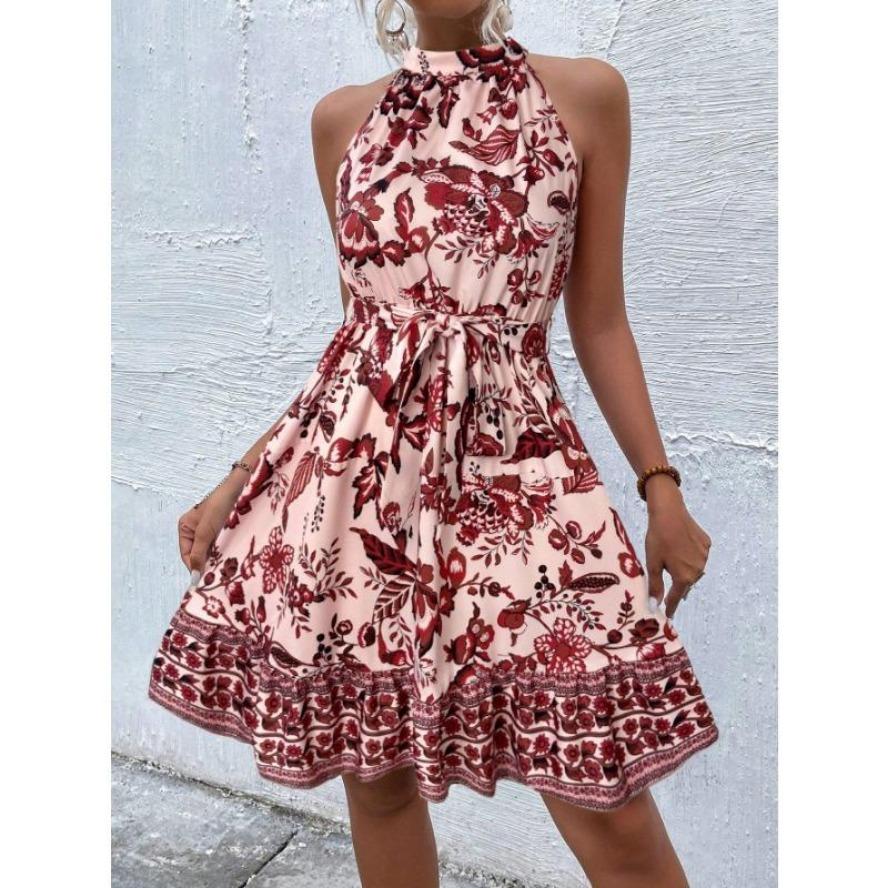 YYFS Dámská móda Léto Jaro Květinový potisk Bez rukávů Ležérní šaty se zavěšeným krkem a vysokým pasem