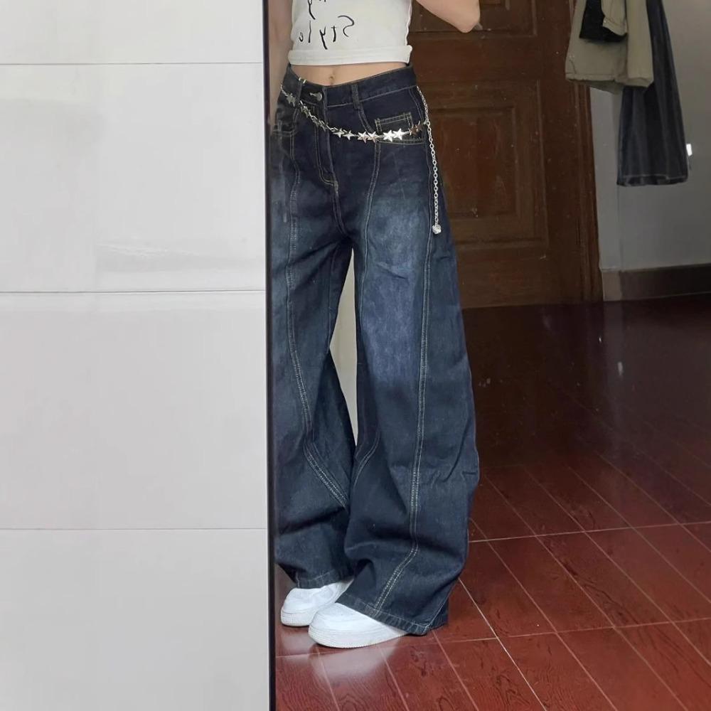 Women's High Waist Wide Leg Jeans Loose Fit Vintage Washed Back Embroidery Baggy Denim Trousers