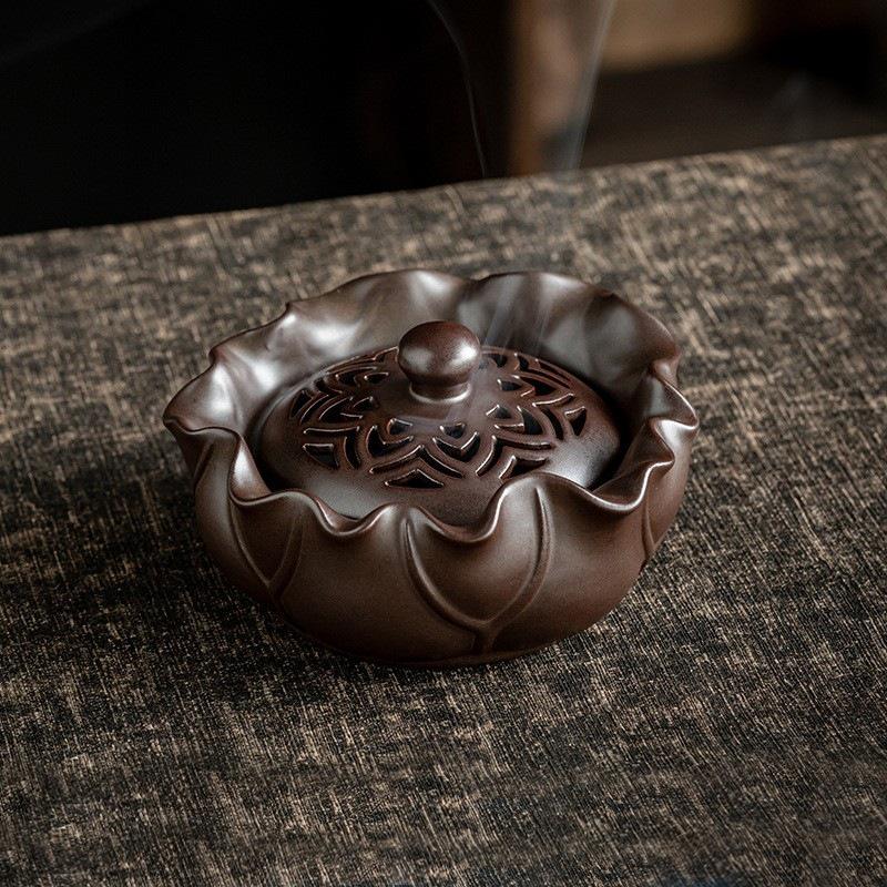 Zen Lotus Ceramic Incense Burner - Antique Sandalwood Coil for Indoor Use
