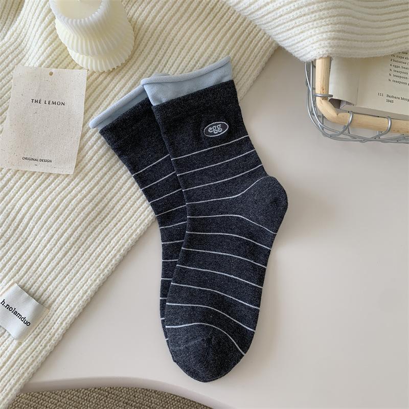 

Grey Pure Cotton Mid-calf Socks, Girls School Style Embroidered Striped Long Calf Socks 1 pair темно-серого