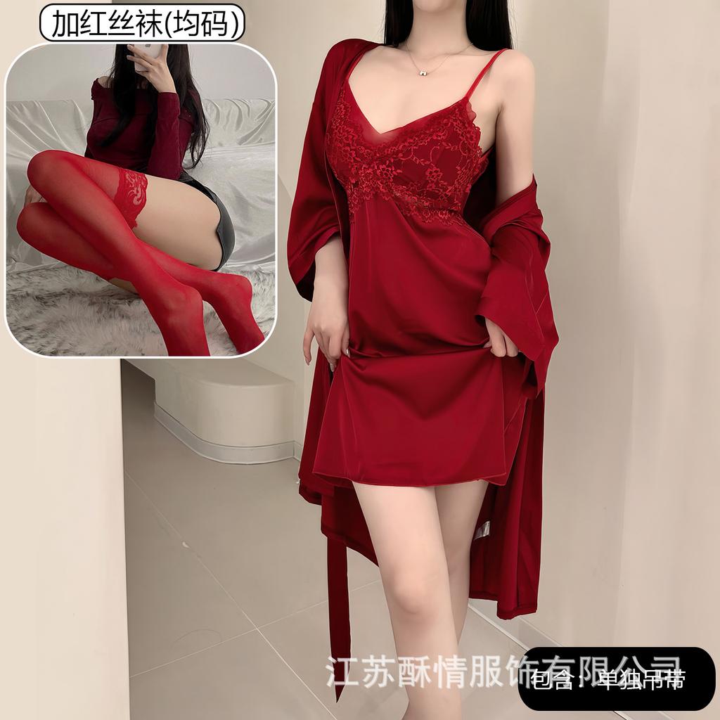 Spring and Summer Sexy Nightdress Lace Temptation V-neck Gathering Ice Silk Suspender Nightdress Backless Chest Pad Suspender Nightdress Set