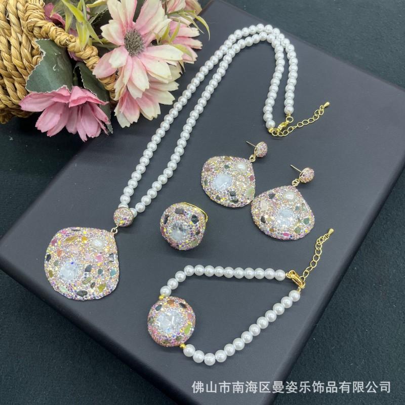 Elegant French Vintage Pearl Crushed Stone Jewelry Set Women Necklace Earrings Bracelet Ring In Sweet Pastel Tones