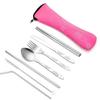 Stainless Steel Outdoor Cutlery Set: Knife, Fork, Spoon, Chopsticks, Straw with Peony Cloth Bag - 7 Pieces