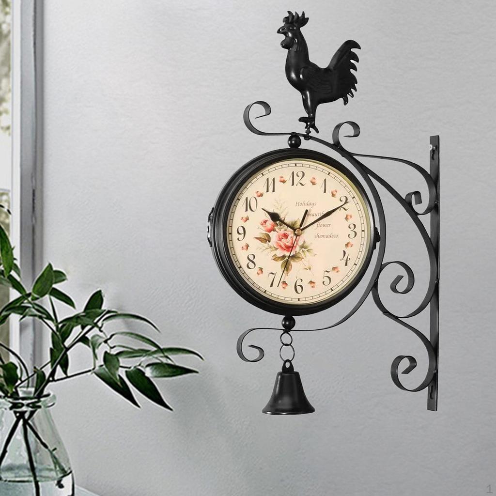 Double Sided Wall Clock Design with Chicken Sculpture Iron Practical Mute Decorative Faced
