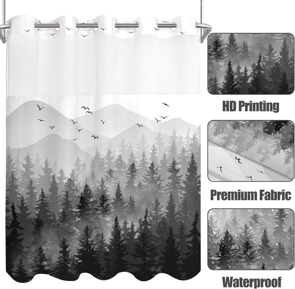 Mountain Forest Shower Curtain Black White Landscape Art Trees Birds Foggy Scene Bathroom Decor Waterproof Fabric Minimalist