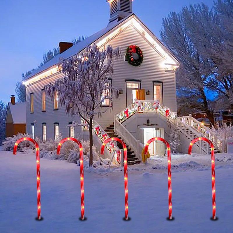 Solar Candy Cane Christmas String Lights - LED Ground Plug & Umbrella Hook, Five-String Lawn Decoration Solar 5-String Candy Cane - 8 Modes