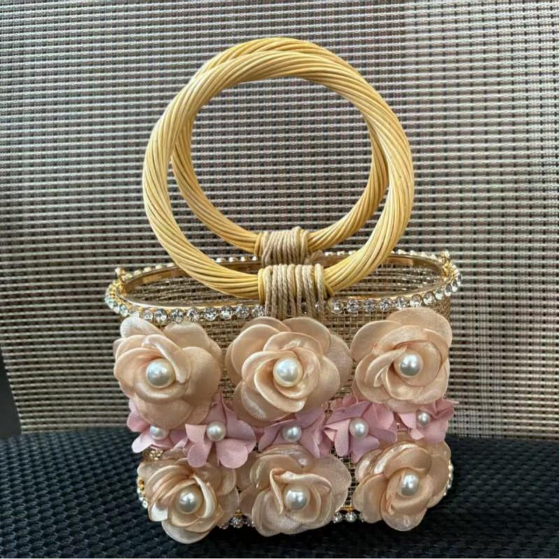 Straw Sunflower Square Birdcage Handbag With Hollow Cutout Design Women Evening Party Tote Bag