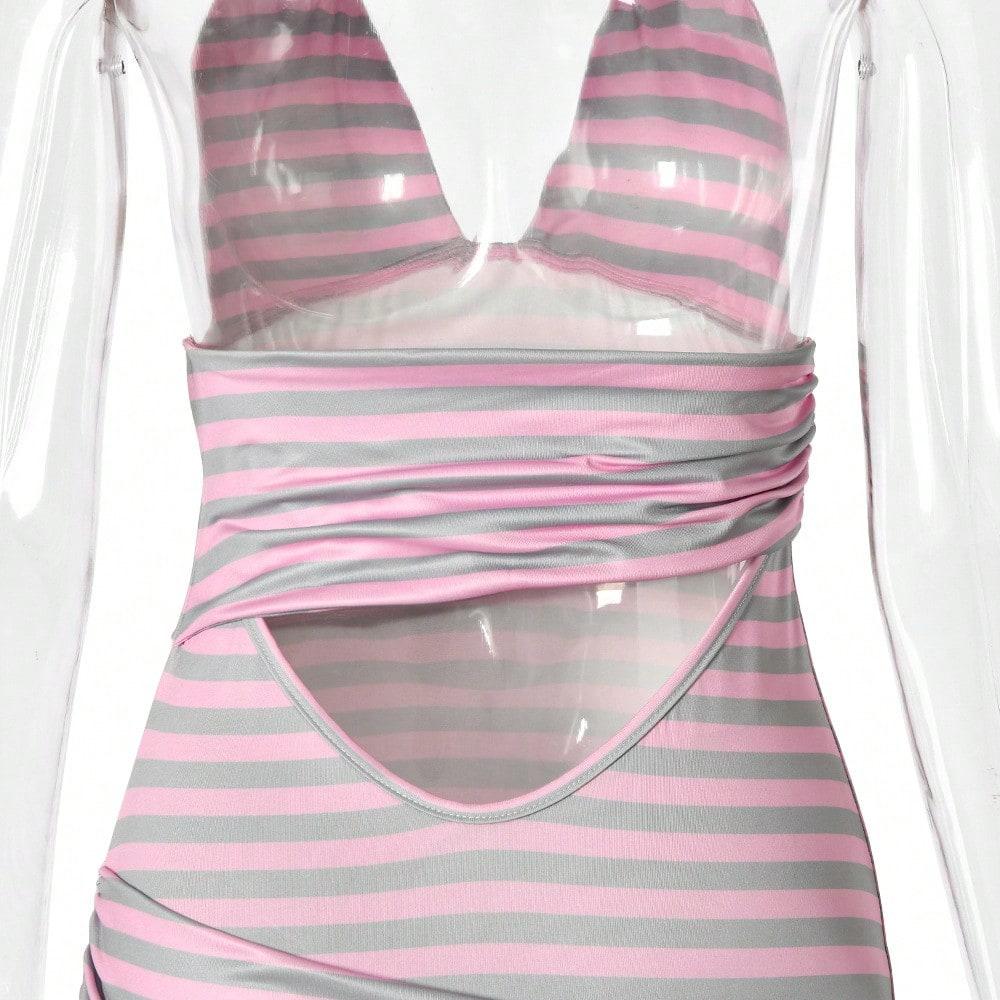 Europe and the United States hot-selling 2026 fashion printing striped neck sling low-cut backless strap slim hip-wrapped Spice Girl short skirt