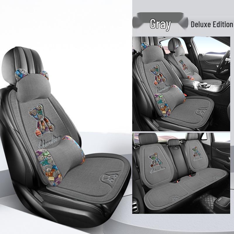 Four Seasons Universal Linen Car Seat Cushion - Cartoon Bear, Breathable, Half-Wrap Rear Seat Cover