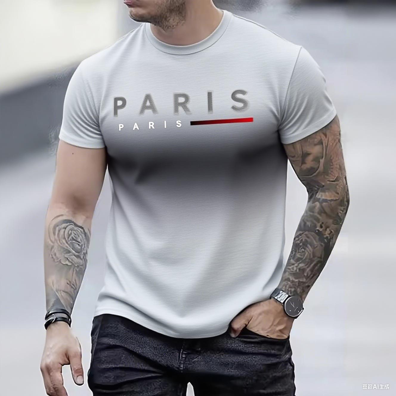

Summer Round Neck 3D Paris Letter Print Top Fashionable Casual Gradient Color Short Sleeved Men s T-shirts S