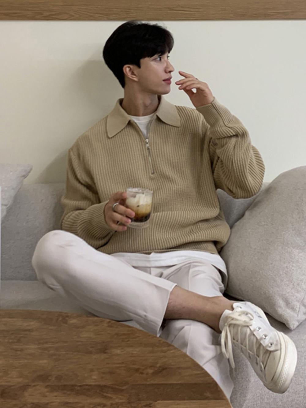 

Модный мужской вязаный свитер с воротником-поло и полумолнией — длинный рукав, однотонный, стиль осень/зима. L хаки