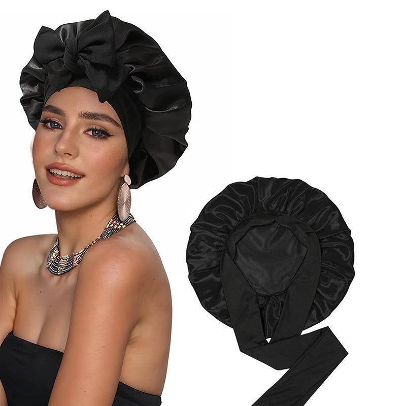 Doppellagige Satin-Schlafmütze mit Schleife, Hochelastischer breiter Rand, Damen Haar-Schal-Mütze