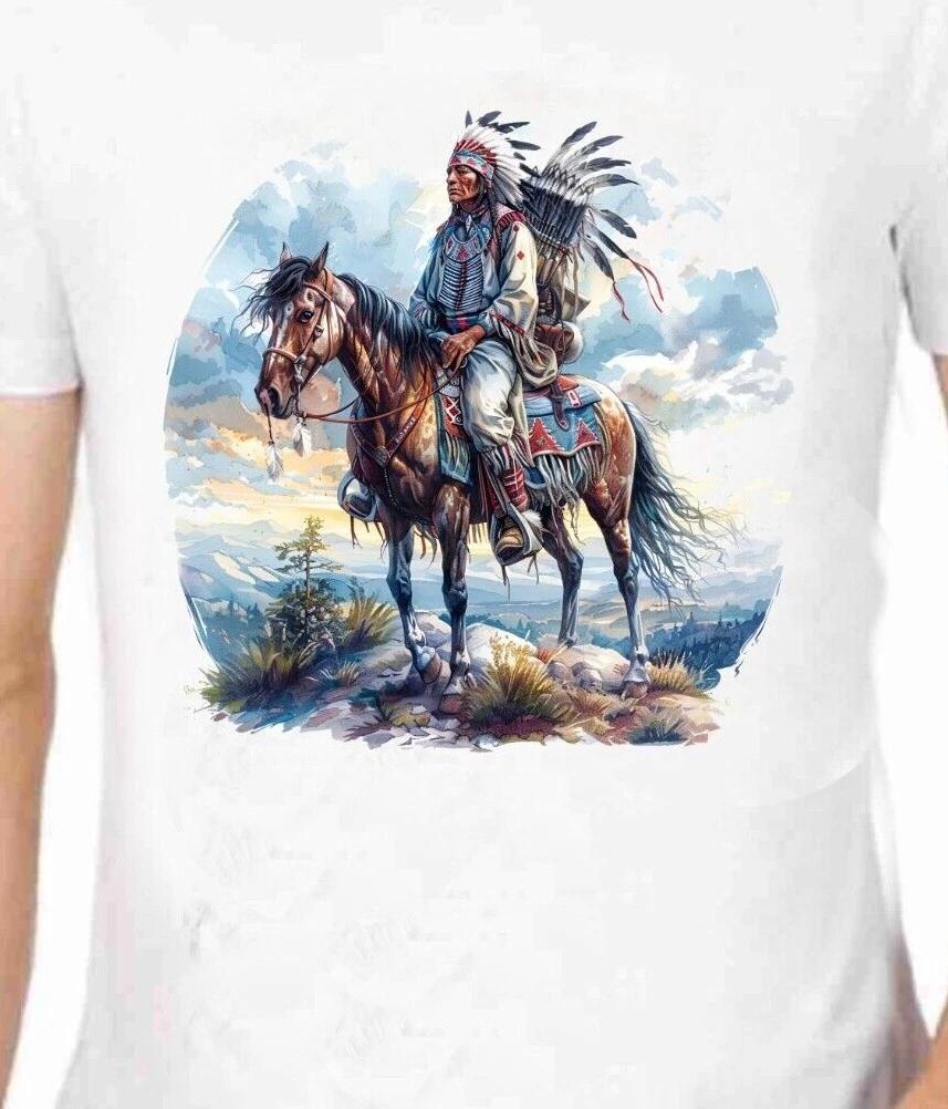 Native American Indian Warrior Battle Ready In Full Headdress On Horse T-Shirt L