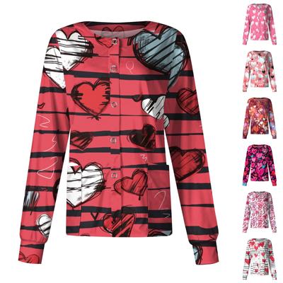 Women's Casual Long Sleeve Valentine's Day Love Printed Clothes Cardigan Top Clothes Uniforms