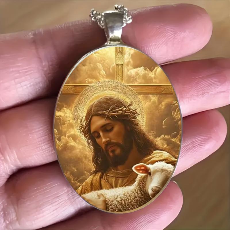 A Jesus and Lamb Pendant Christian Necklace, Time Gem Spiritual Jewelry Jesus Good Shepherd Silver Necklace Catholic Patron Saint Pendant Gift