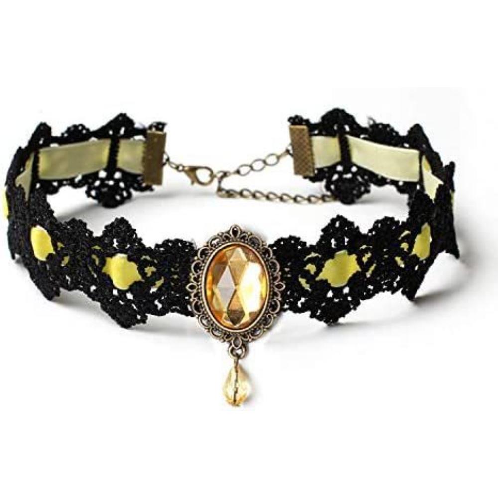 Lace Gothic Choker Necklace with Rhinestones - Victorian Style Collar Jewelry