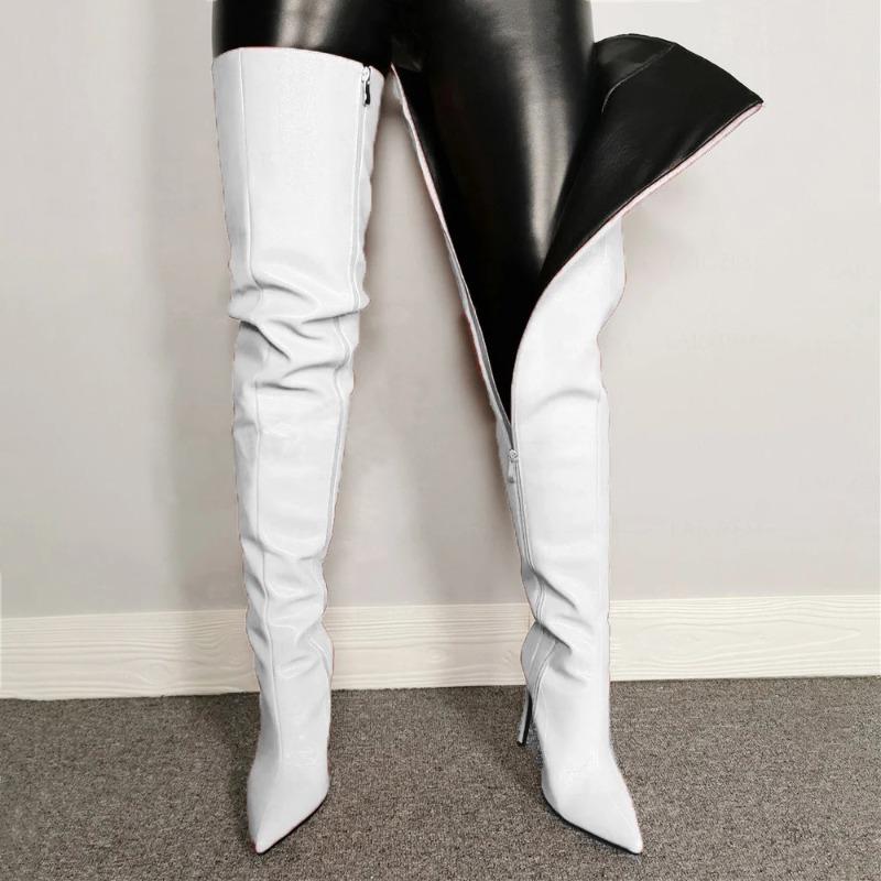 Thin Heels Boots Autumn and Winter Women Polychrome Over The Knee Boot Sexy  Pointed Toe PU Side Zipper Large Size Women Shoes