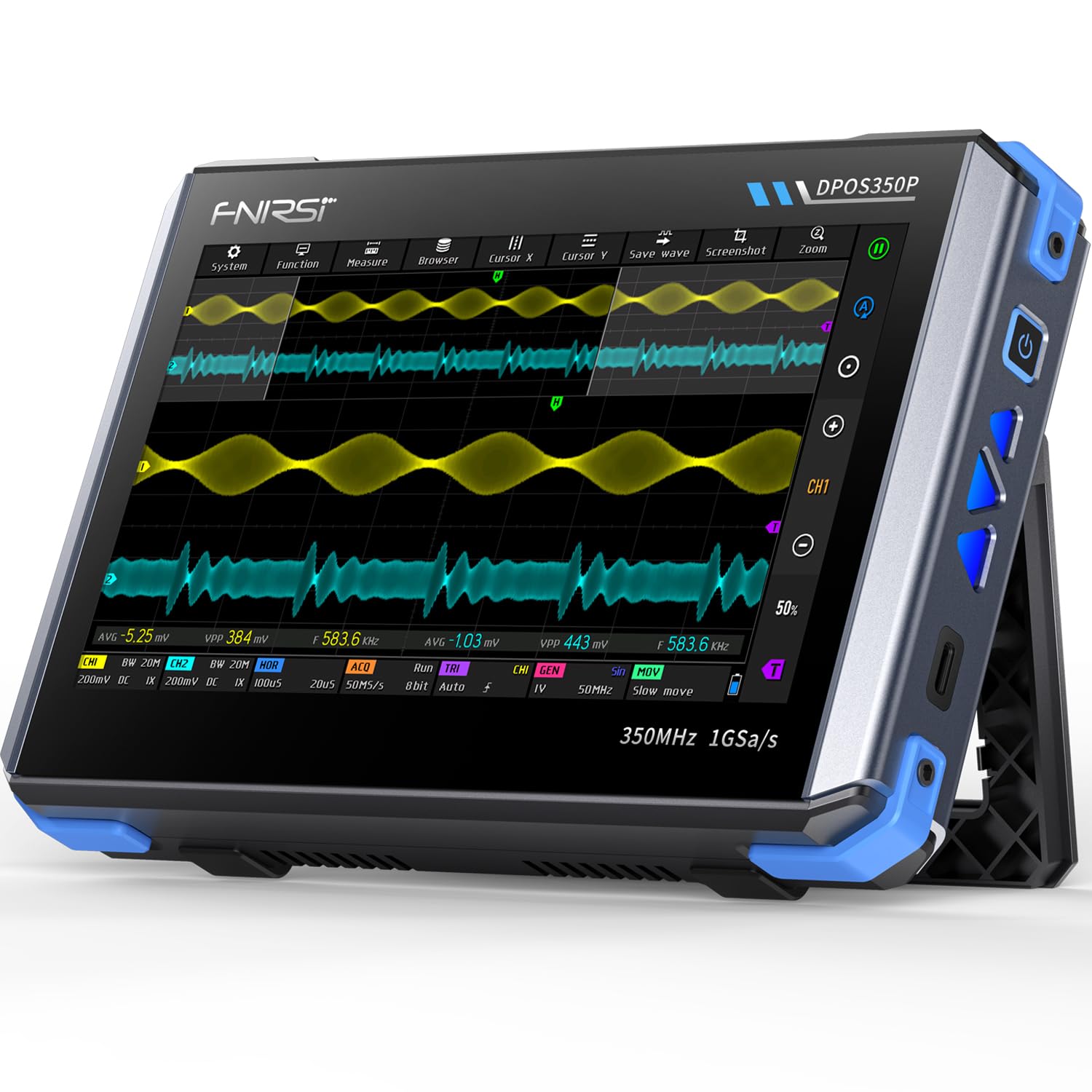 

FNIRSI 350MHz Digital Oscilloscope with FFT 1GSPS Sampling Cursor IPS and Portable DPOS-350P 4-in-1 Oscilloscope, 2-Channel Bandwidth, Tablet-Style