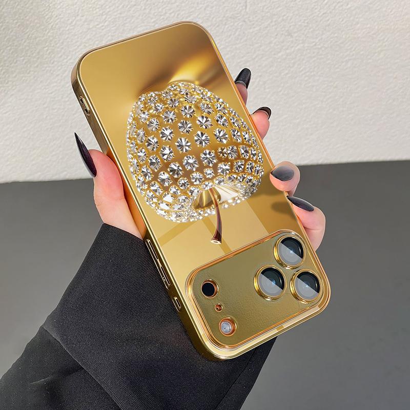 Diamond Gold Apple Pattern Gold Metallic Paint Glass Phone Case For iPhone 17 Pro Max 11 12 13 14 15 16 Plus 17 Air 16E Cover