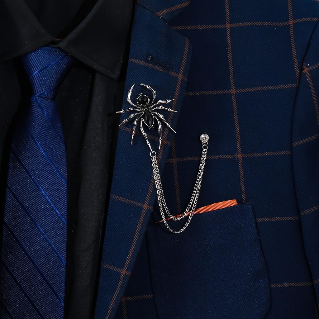 Golden & Silvery Alloy Spider Brooch Pins for Men | Vintage-Inspired Design, Faux Gemstone Embellished, Chain Necklace Accessory for Suits, Jackets
