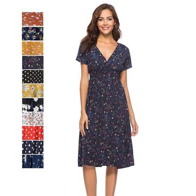 Spring Bohemian Chiffon V-Neck Short-Sleeve Beach Dress with European and American Prints