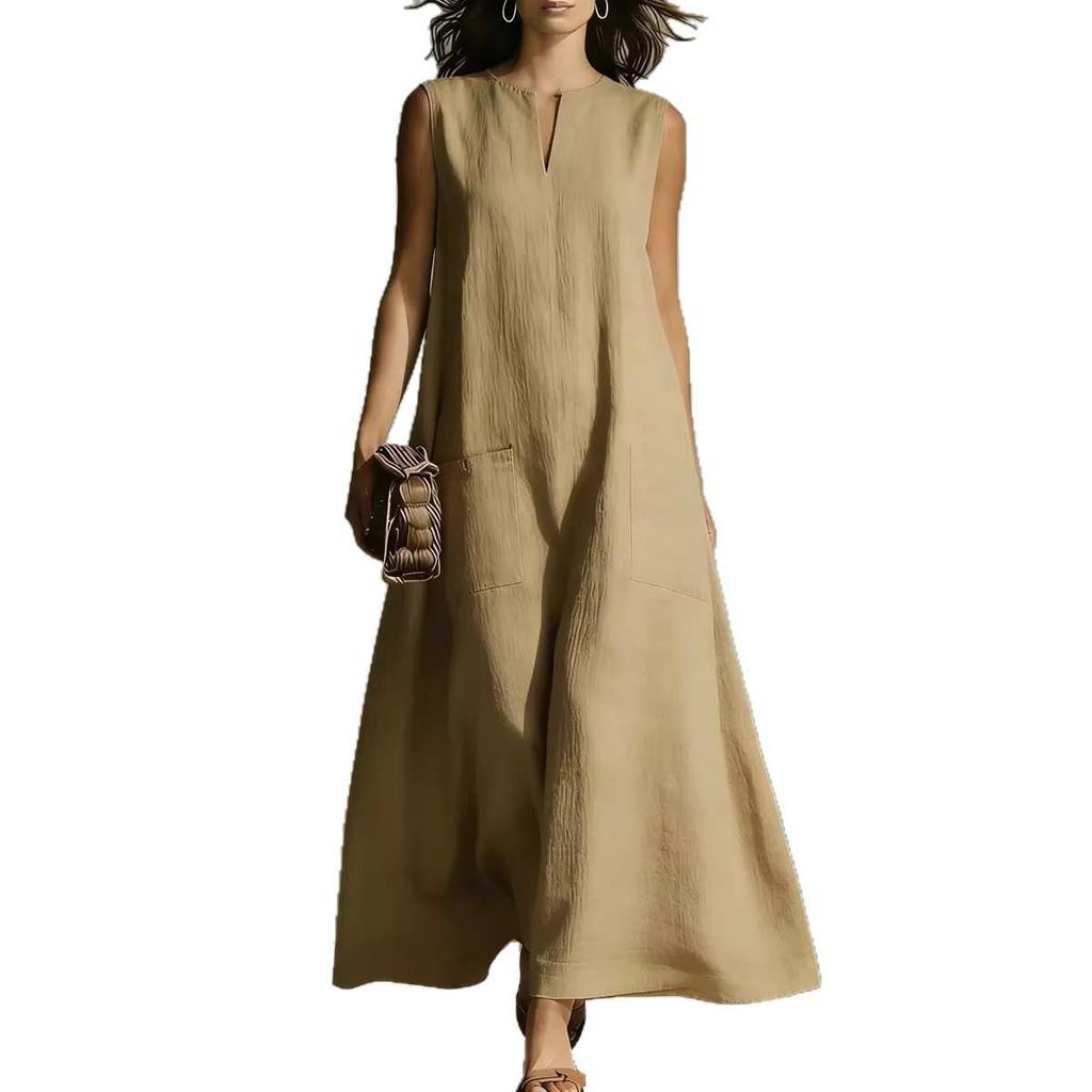European & American Style Women's Cotton Linen Sleeveless Casual Dress - Spring/Summer Collection