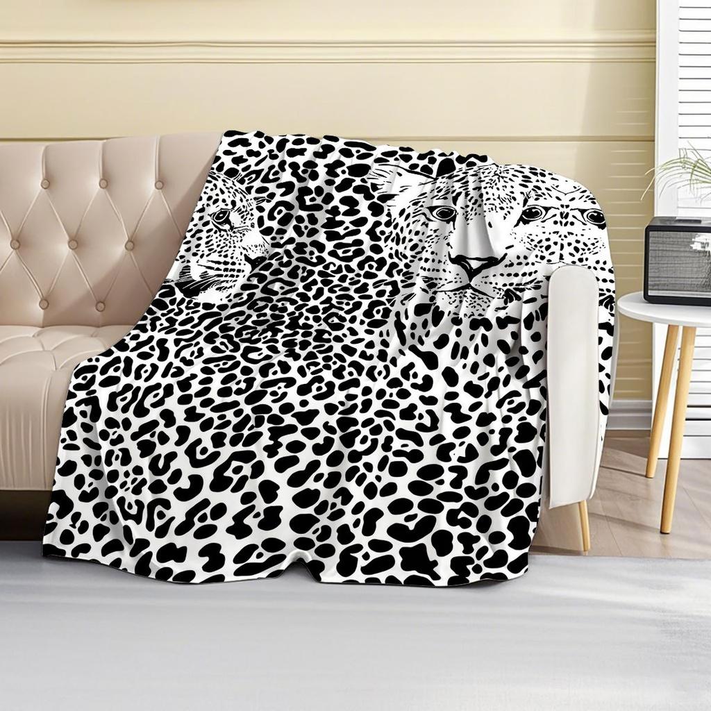 VIKAMA Klassische Leopard Gepard Fleece Decke, Schwarz Weiß Tierdruck Sofa Überwurf, Wild Bohemian Bauernhaus Heimdekoration Bettbezug
